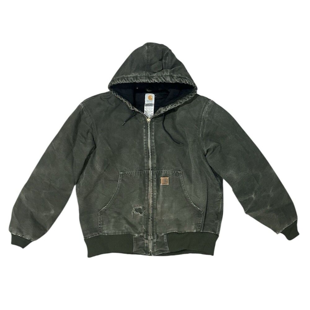 Carhartt J130 MOS Hooded Jacket Duck Canvas Lined Distressed Faded Vintage Sz L